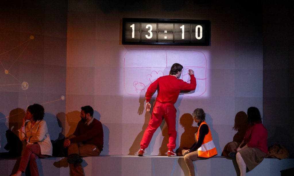 Custom split flap countdown display used during live stage performance at Belvoir St Theatre