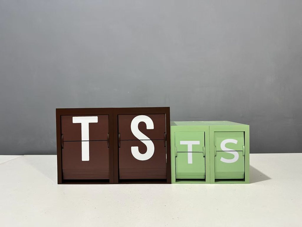 Custom green 15×10cm split flap modules beside larger standard modules