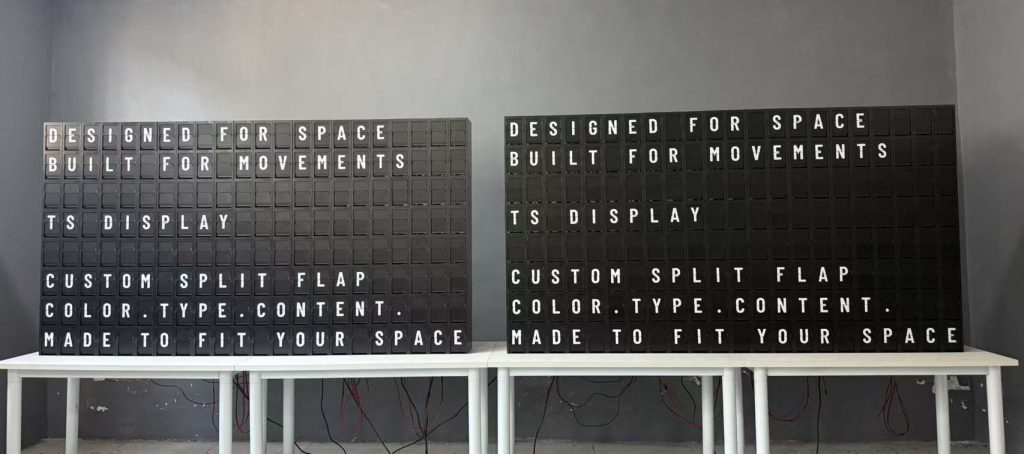 Two custom split flap displays by TS Display showing customizable typography, color and content during workshop testing.