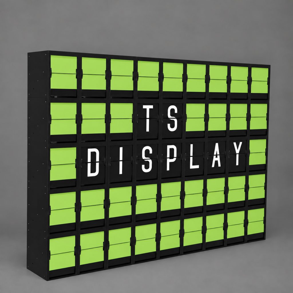 Black 5-row by 9-column split flap display with green flaps and white letters spelling TS DISPLAY, shown at an angle against a gray background.