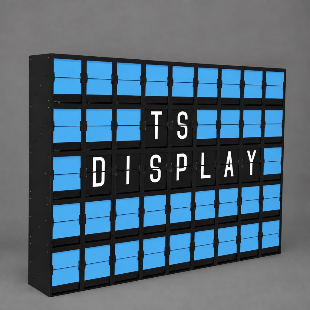 Black 5-row by 9-column split flap display with blue flaps and white letters spelling TS DISPLAY, shown at an angle against a gray background.