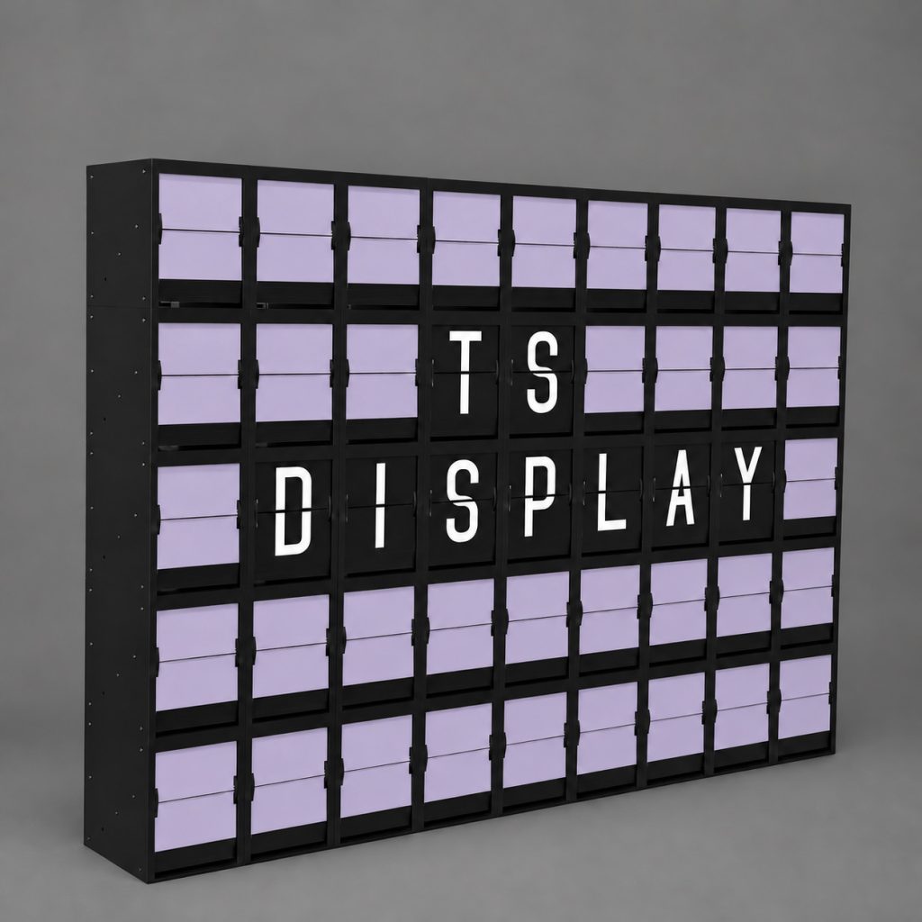 Black 5-row by 9-column split flap display with lavender flaps and white letters spelling TS DISPLAY, shown at an angle against a gray background.