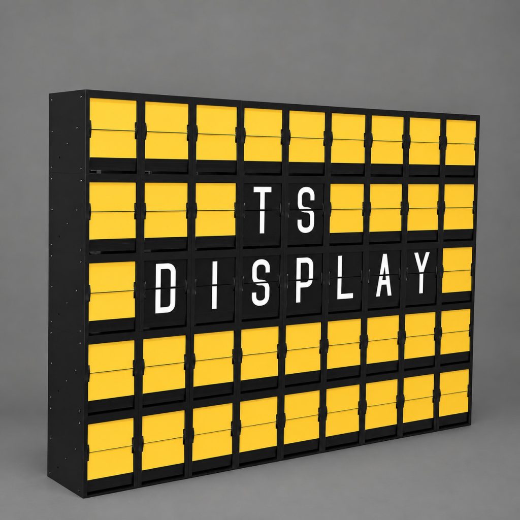 Black 5-row by 9-column split flap display with yellow flaps and white letters spelling TS DISPLAY, shown at an angle against a gray background.