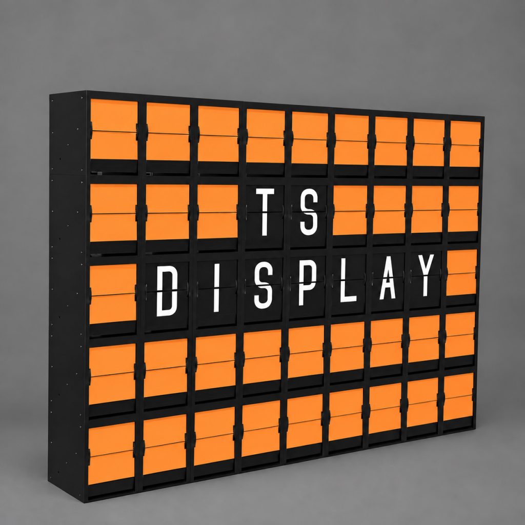 Black 5-row by 9-column split flap display with orange flaps and white letters spelling TS DISPLAY, shown at an angle against a gray background.
