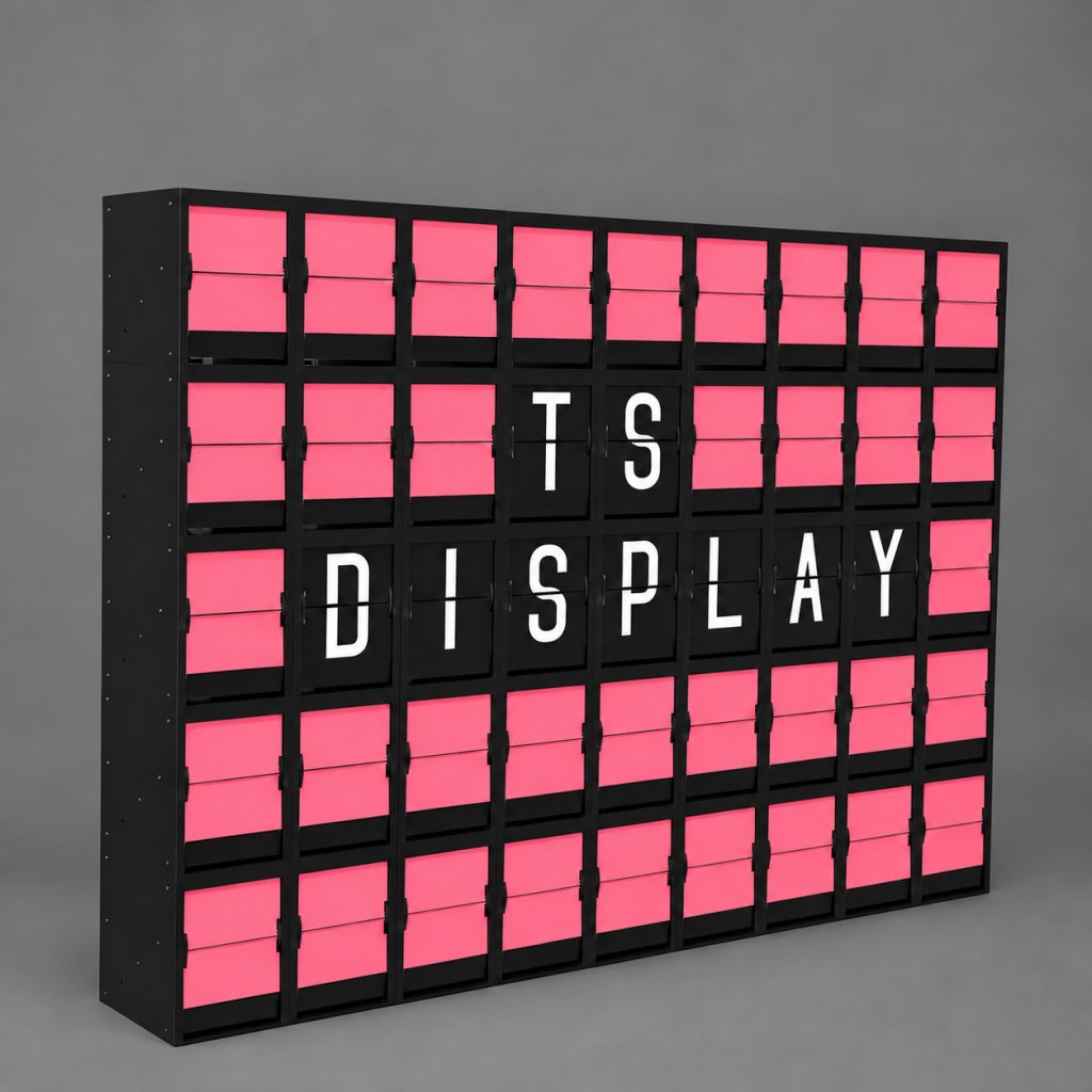 Black 5-row by 9-column split flap display with pink flaps and white letters spelling TS DISPLAY, shown at an angle against a gray background.
